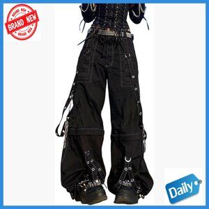 High Waisted Bootcut Wide Leg Jeans with Strap Chain Detail Polyester Blend